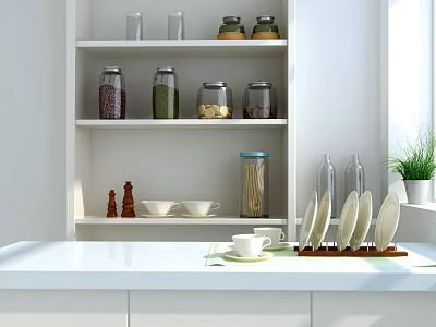 White Kitchen Countertop With Shelf Holding Storage Jars Bowls Cup Plates And Potted Plant 3d model