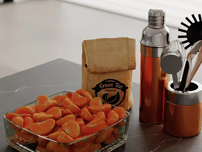 Fresh Mandarin Orange Segments in Glass Bowl with Burlap Coffee Bag Metal Flask and Utensils 3d model