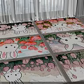 Cute Square Area Rugs With Cartoon Rabbits And Pink Flowers