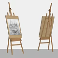 Two Wooden Easels One With Sketch Drawing Against Light Brown Wall And Gray Floor