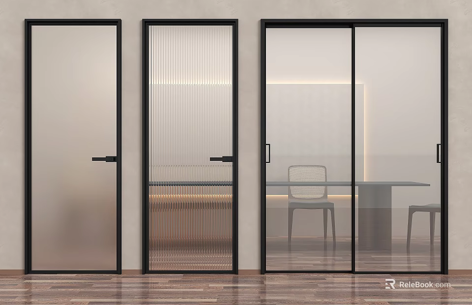 Modern Interior Sliding Doors With Black Frame Frosted Ribbed Glass Room Divider Design 3d model 