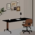 Modern Home Office Setup With Wooden Desk Leather Chair Wall Art And Floor Plant