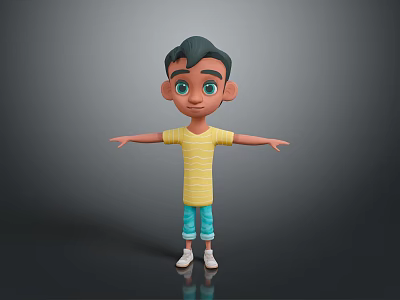 Young Man Wearing Yellow Striped Shirt and Blue Shorts with Arms Outstretched on Gray Background 3d model