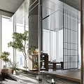 Modern Bright Office Walkway With Lush Green Plants Concrete Pillar And Panoramic City View Windows