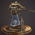 Game Movie Character Armored Warrior Statue Holding Spear Shield With Carved Base In Dynamic Pose
