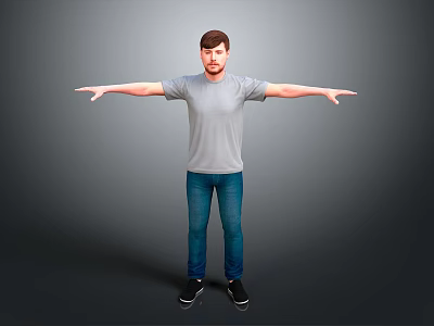 Man in Gray T Shirt and Blue Jeans With Arms Outstretched Against Dark Gray Background 3d model