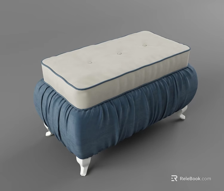 Elegant Blue Sofa Stool with Pleated Design Beige Button Tufted Cushion and White Legs 3d model 