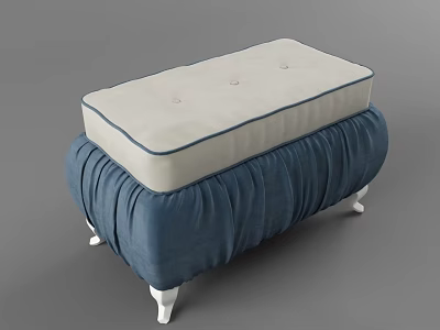 Elegant Blue Sofa Stool with Pleated Design Beige Button Tufted Cushion and White Legs 3d model