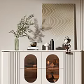 Modern White Entryway Console Cabinet With Glass Doors And Green Plant Ornaments