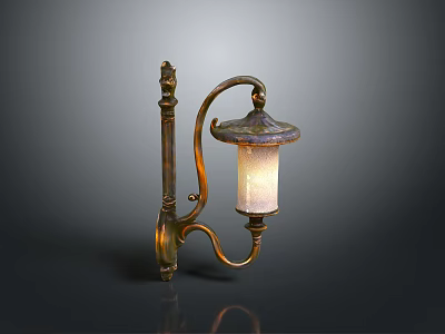 Vintage Brass Wall Lamp With Curved Bracket And Glass Shade 3d model
