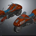 Two Red Futuristic Motorcycles Featuring Blue Seats And Stylish Design