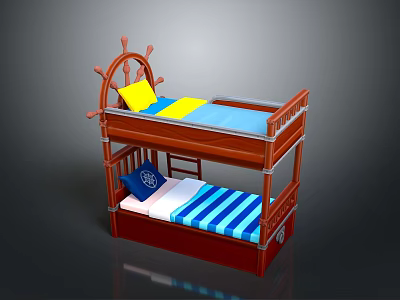 Wooden Bunk Bed With Ship Wheel Decor And Colorful Upper Lower Mattresses 3d model