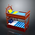 Wooden Bunk Bed With Ship Wheel Decor And Colorful Upper Lower Mattresses