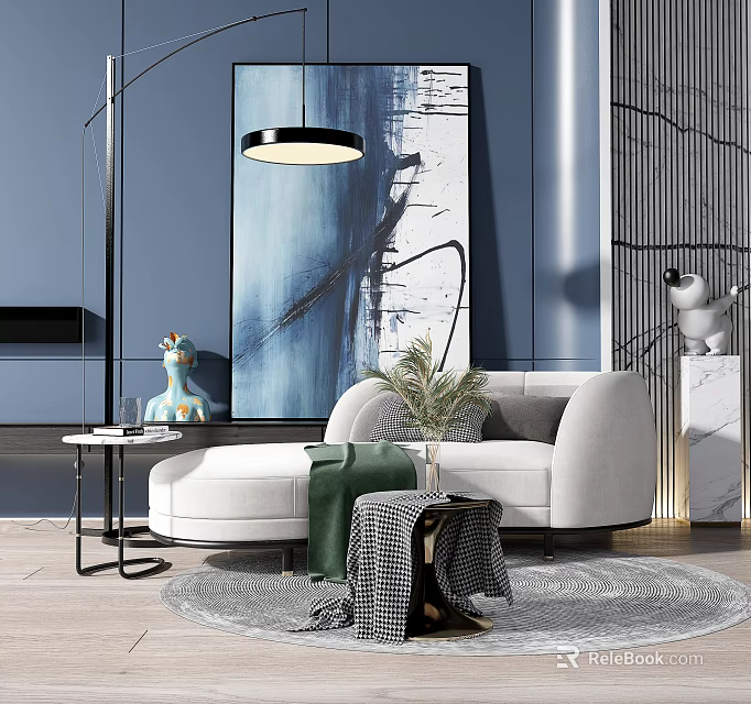 Elegant Modern Living Room Interior With Light Gray Chaise Lounge Blue Walls And Abstract Painting 3d model 