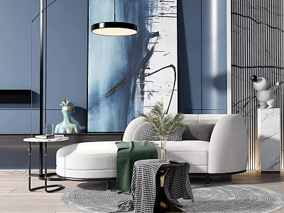 Elegant Modern Living Room Interior With Light Gray Chaise Lounge Blue Walls And Abstract Painting 3d model