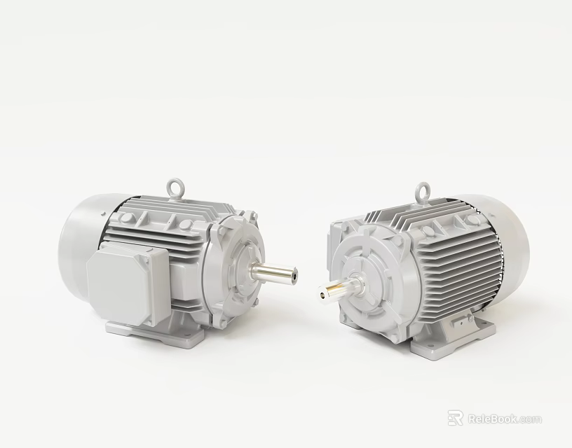 Two Industrial Motors With Gray Housing Heat Sink Design And Rotating Shafts 3d model 