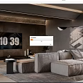 Modern Living Room Interior Design With Gray Sofa Large TV Geometric Artwork And Floor Lamp