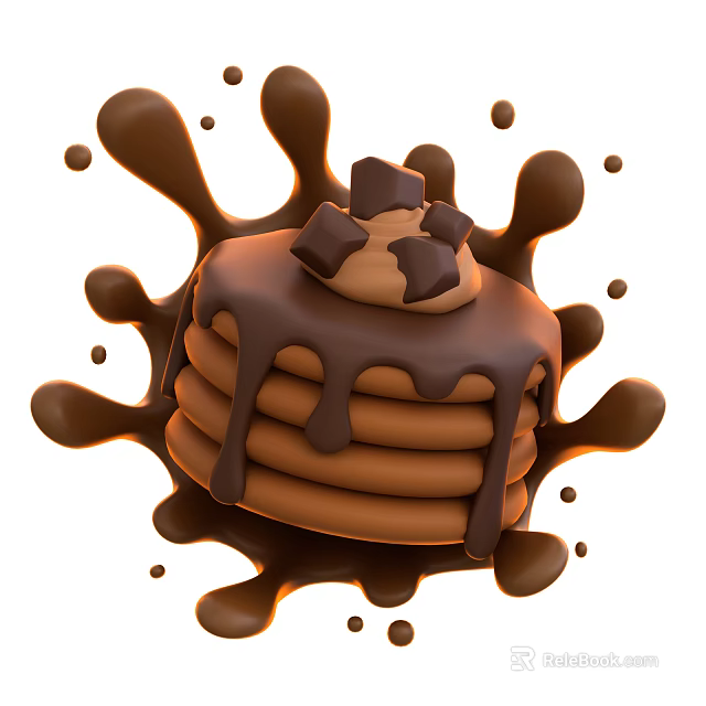 Stacked Pancakes With Dripping Chocolate Sauce Topped With Chocolate Chunks And Splatter Effect Around 3d model 