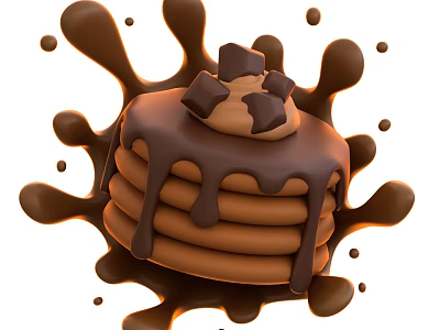 Stacked Pancakes With Dripping Chocolate Sauce Topped With Chocolate Chunks And Splatter Effect Around 3d model