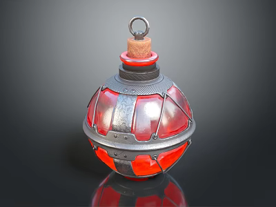 Vintage Spherical Bottle With Red Glass Body Silver Metal Decorations And Cork Stopper 3d model
