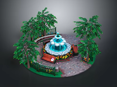 Serene Garden Area Featuring Central Fountain Trees Benches And Colorful Flower Beds 3d model