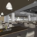 Modern Restaurant Interior Design With Wooden Ceiling White Pendant Lights Dining Tables And Food