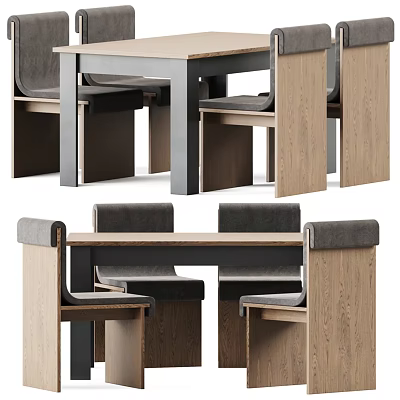 Modern Dining Table And Chairs Set With Wooden Frame And Gray Upholstered Seats 3d model