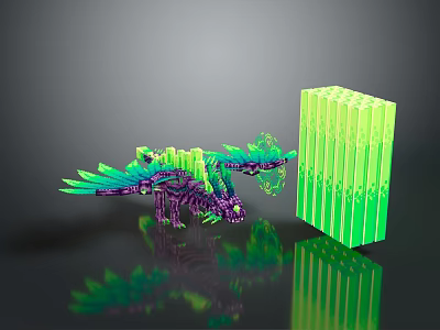 Futuristic Dinosaur Game Character With Glowing Green Purple Feathers And Stacked Green Cubes 3d model