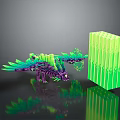 Futuristic Dinosaur Game Character With Glowing Green Purple Feathers And Stacked Green Cubes
