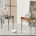 Elegant Side Tables With Carved Details And Decorative Vases In Living Room With Curtains Artwork