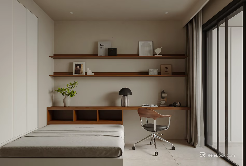 Modern Study Room Interior Design With Wooden Shelves Desk Chair And Green Plant 3d model 