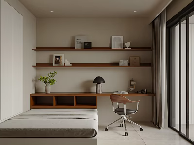 Modern Study Room Interior Design With Wooden Shelves Desk Chair And Green Plant 3d model