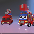 Two Red Cartoon Functional Vehicles With Fire Ladder And Eye Front Design 3d model