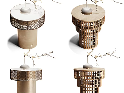Elegant Wooden Side Table With Metal Grid Design Round Tabletop And Decorative Branches 3d model