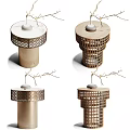 Elegant Wooden Side Table With Metal Grid Design Round Tabletop And Decorative Branches
