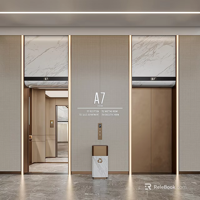 Modern Elevator Lobby Interior Design With A7 Marble Walls And Golden Trim 3d model 