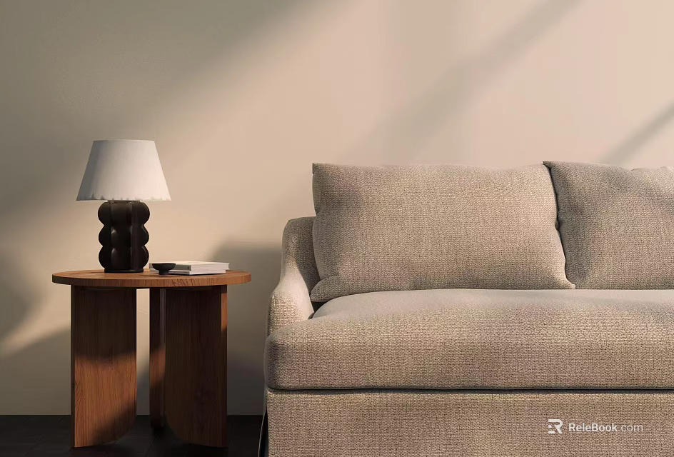 Stylish Table Lamp With White Lampshade On Wooden Side Table By Beige Sofa And Book 3d model 