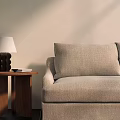 Stylish Table Lamp With White Lampshade On Wooden Side Table By Beige Sofa And Book