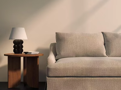 Stylish Table Lamp With White Lampshade On Wooden Side Table By Beige Sofa And Book 3d model