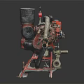 Red And Black Automotive Engine Component With Metal Pipes On Red Stand Dark Background