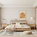 Serene Modern Bedroom Interior With Wooden Furniture Decorative Painting Area Rug And Pendant Light