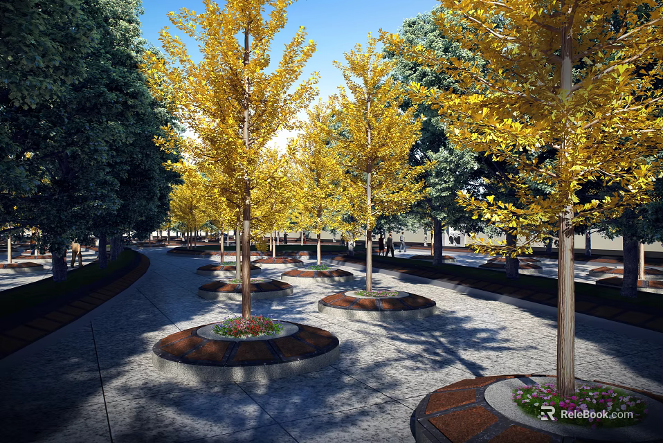 Urban Park Landscape With Golden Ginkgo Trees And Flower Beds 3d model 