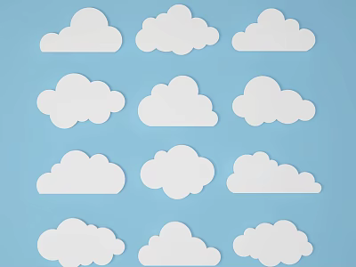 White Decorative Paper Cloud Cutouts Arranged Neatly On Blue Background 3d model
