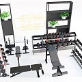 Gym Box Sports Equipment With Dumbbells Barbells Bench And Plant Shelves
