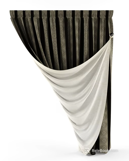 Black And White Curtains With Striped Diamond Pattern And Flowy White Panels 3d model