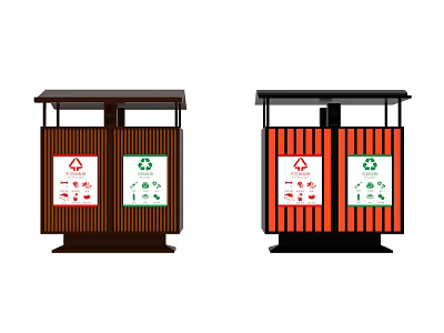 Public Waste Sorting Bins With Brown And Orange Exteriors And Recyclable Hazardous Signs 3d model