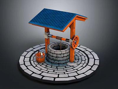 Traditional Well With Blue Roof Orange Wooden Frame And Bucket On Circular Stone Floor 3d model