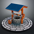 Traditional Well With Blue Roof Orange Wooden Frame And Bucket On Circular Stone Floor