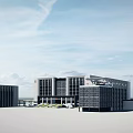 Modern Office Building Complex With Glass Facade Parking Area And Green Space