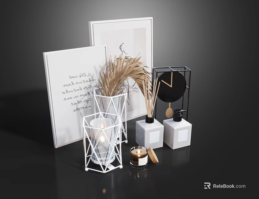 Minimalist Decorative Ornament Set With Framed Art Geometric Candleholder Dried Pampas Grass Clock And Diffusers 3d model 